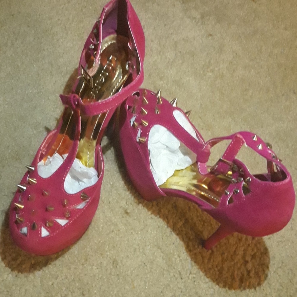Pink Microsuede spiked platform stiletto